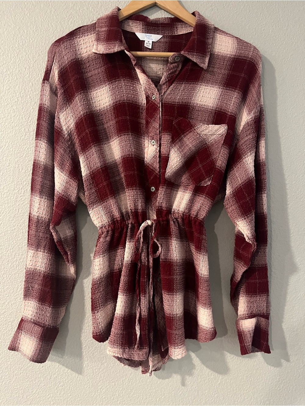 Women's Plaid Drawstring Button-Down Shirt - Burgundy